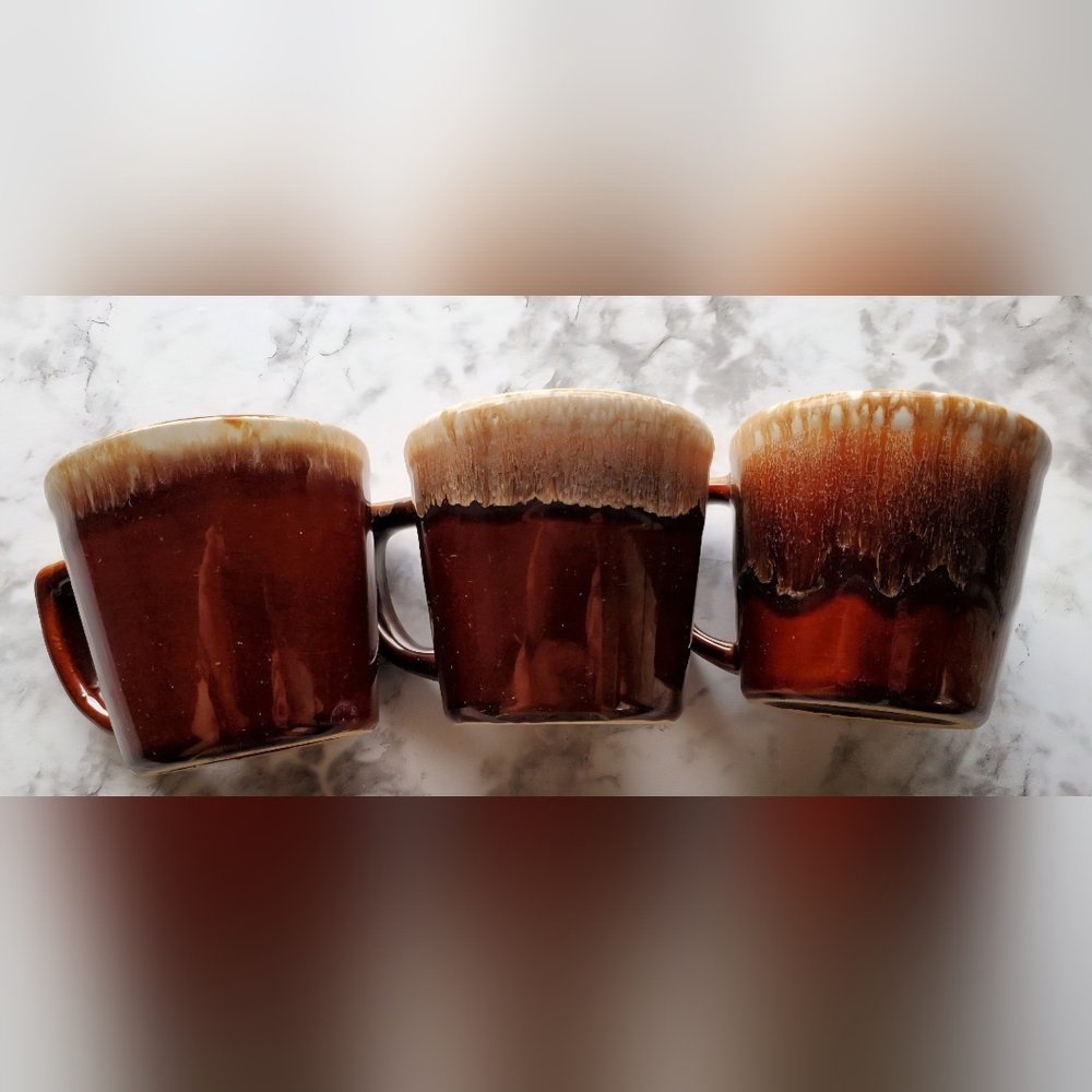Set of 3 Vintage Brown Drip Coffee Mugs